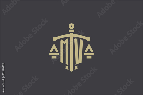 Letter MV logo for law office and attorney with creative scale and sword icon design