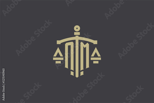 Letter NM logo for law office and attorney with creative scale and sword icon design