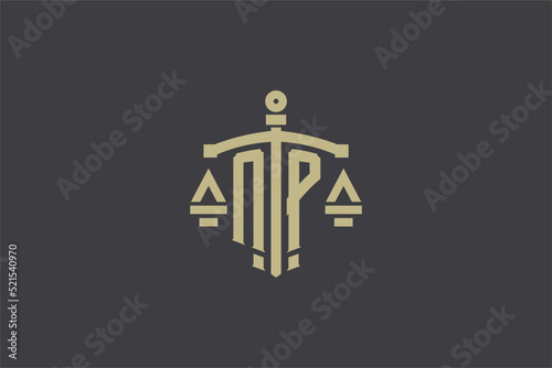 Letter NP logo for law office and attorney with creative scale and sword icon design