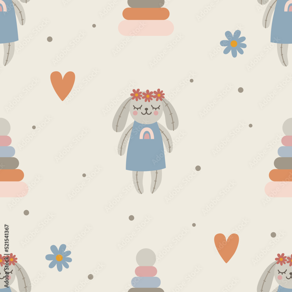 Seamless pattern with toy rabbit and pyramid in boho style. Vector illustration Seamless pattern with toy rabbit and pyramid in boho style. Vector illustration