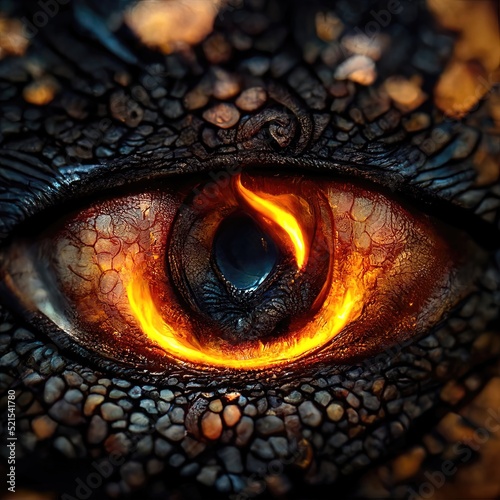 Canvas-taulu Dragon eye, burning with flames and fire, scales