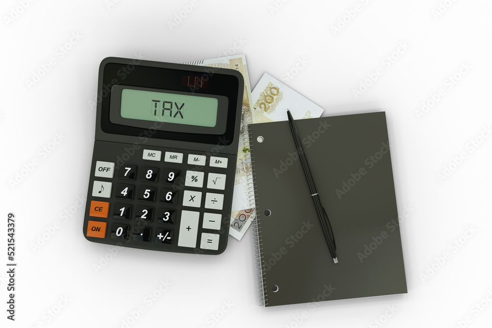 3D rendering of an isolated composition of 200 Polish zloty notes, a calculator, a note book and a pen 3D rendering of an isolated composition of 200 Polish zloty notes, a calculator, a note book and a pen