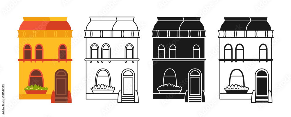 House front flat cartoon or engraved ink stamp or linear doodle design ...