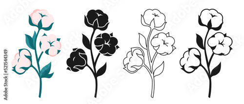 Cotton flower and branch cartoon or engraved ink stamp or linear doodle set. Botanical wedding herb, rustic trendy sign. Natural blossom fluffy fiber on stem design. Ripe cotton boll fiber vector