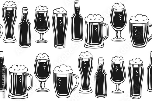 Beer bottle and glass seamless pattern. Engraved monochrome retro mug, glass bottle. Boundless ornament for brewery, bar pub. Oktoberfest beer festival engraving design, repeat print wallpaper drawing