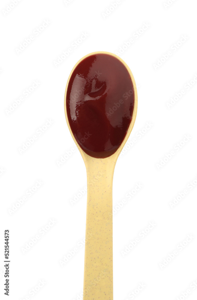 Spoon of tasty pureed baby food isolated on white, top view Spoon of tasty pureed baby food isolated on white, top view
