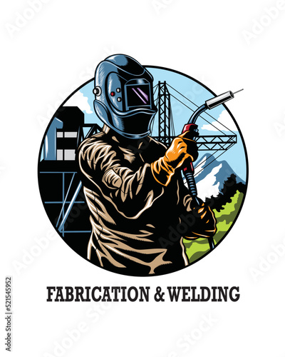 fabrication and welding vector illustration, standing welder with factory background.