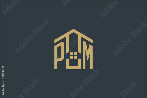 Initial PM logo with abstract house icon design, simple and elegant real estate logo design