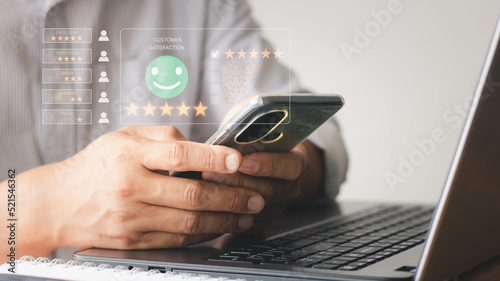 Customer review satisfaction feedback survey concept, Man give rating to service experience on  online application, Customer can evaluate quality of service leading to reputation ranking of business