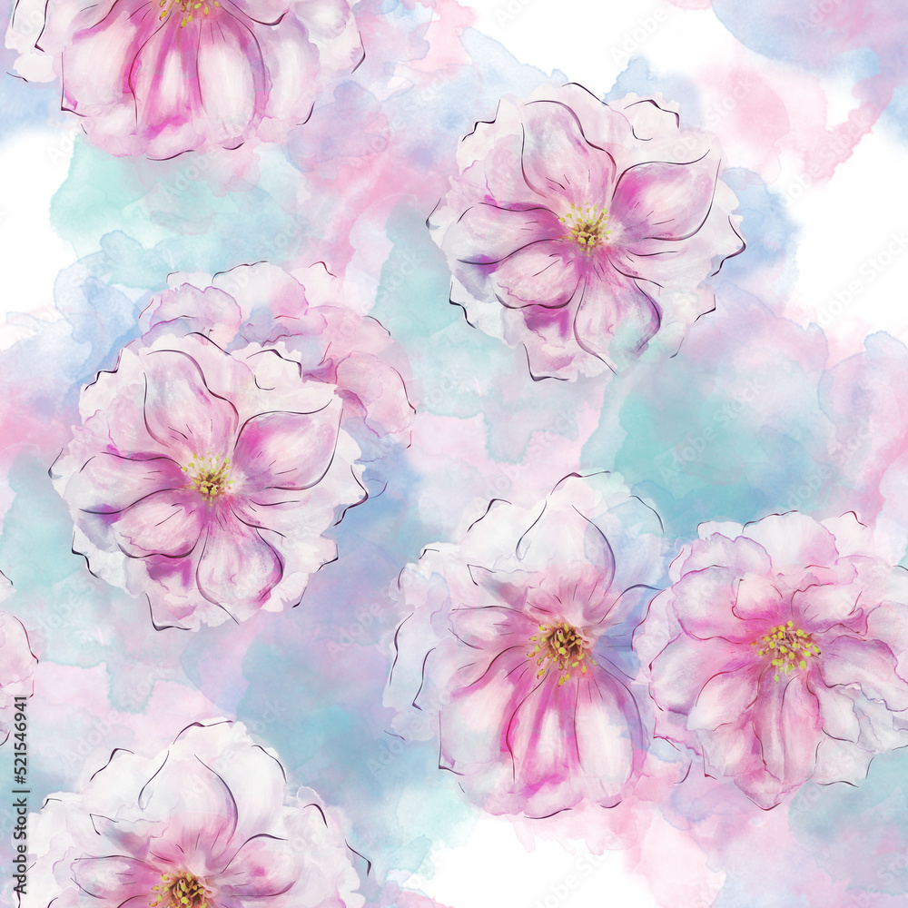 Seamless floral design with pink flowers for background, Endless pattern.Watercolor illustration.