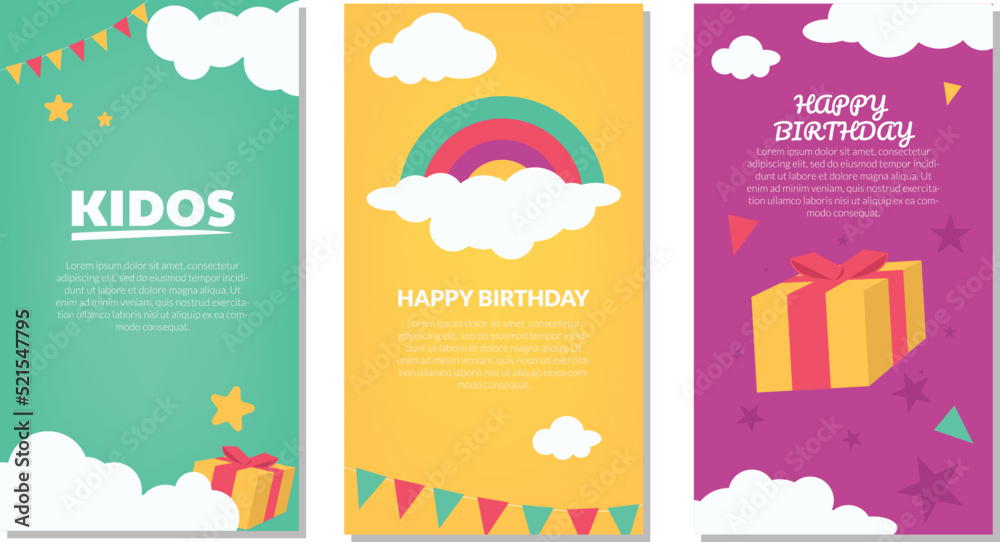 social media kids birthday card template. set of card template for kids with clouds, gift box, flag and rainbow illustration