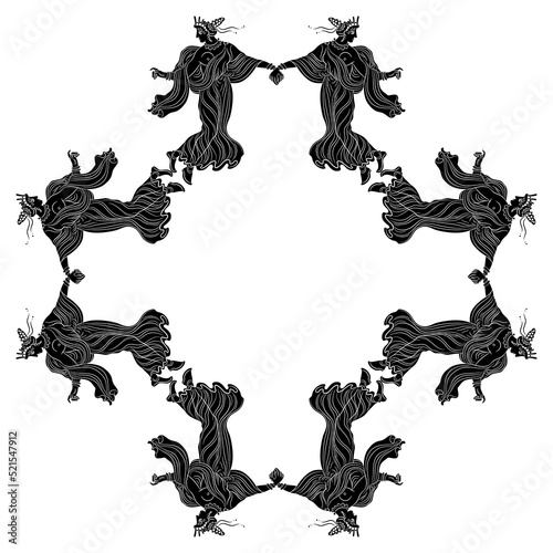 Round frame with dancing ancient Greek women. Black and white silhouette.