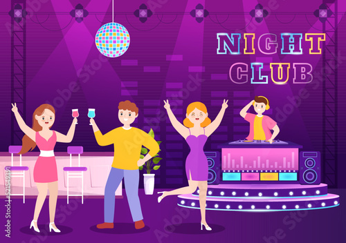 Night Club Cartoon Illustration with Nightlife like a Young People Drink Alcohol and Youth Dance Accompanied by Dj Music in Spotlight