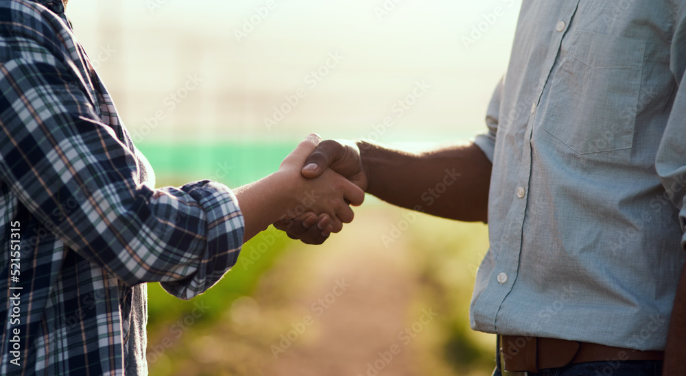 Partnership, teamwork and unity by handshake, two farmers starting organic trade together. Sustainable farm owners meeting, greeting, entering a business deal. Men collaborating with a goal or vision