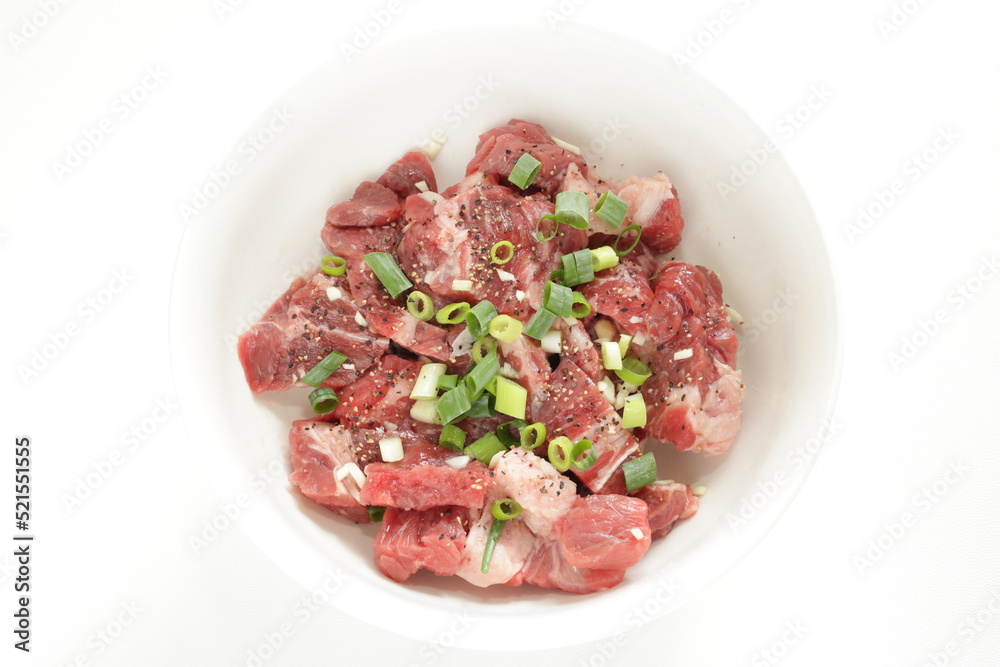 Korean cooking, marinated beef and spring onion for prepared ingredient