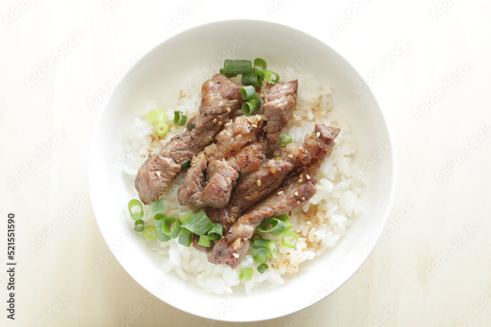 Korean barbecue steak and spring onion on rice for gourmet lunch