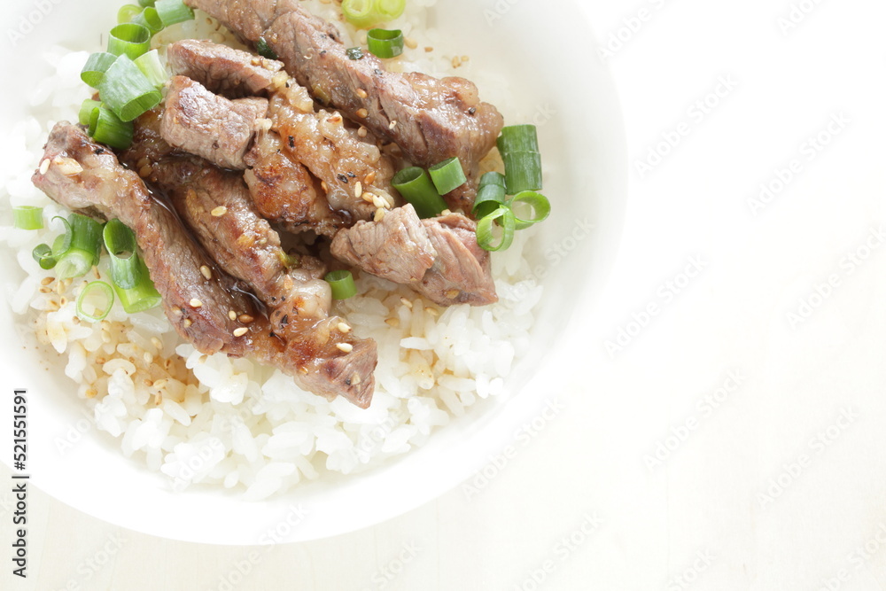 Korean barbecue steak and spring onion on rice for gourmet lunch Korean barbecue steak and spring onion on rice for gourmet lunch