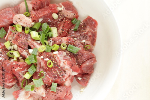 Korean cooking, marinated beef and spring onion for prepared ingredient