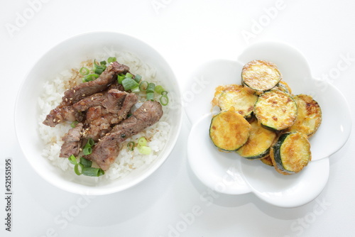 Korean barbecue steak and spring onion on rice for gourmet lunch