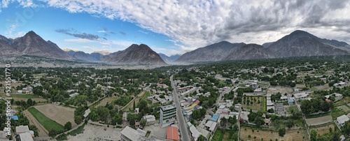 A 180 degree aerial panorama of Danyore city (Gilgit Baltistan) and its surrounding valley photo