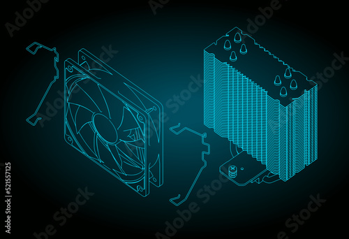 Disassembled tower type CPU cooler isometric blueprint