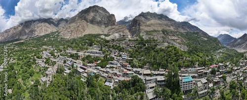 A 180 degree aerial panorama of Baltit fort and its surroundings in Hunza valley photo