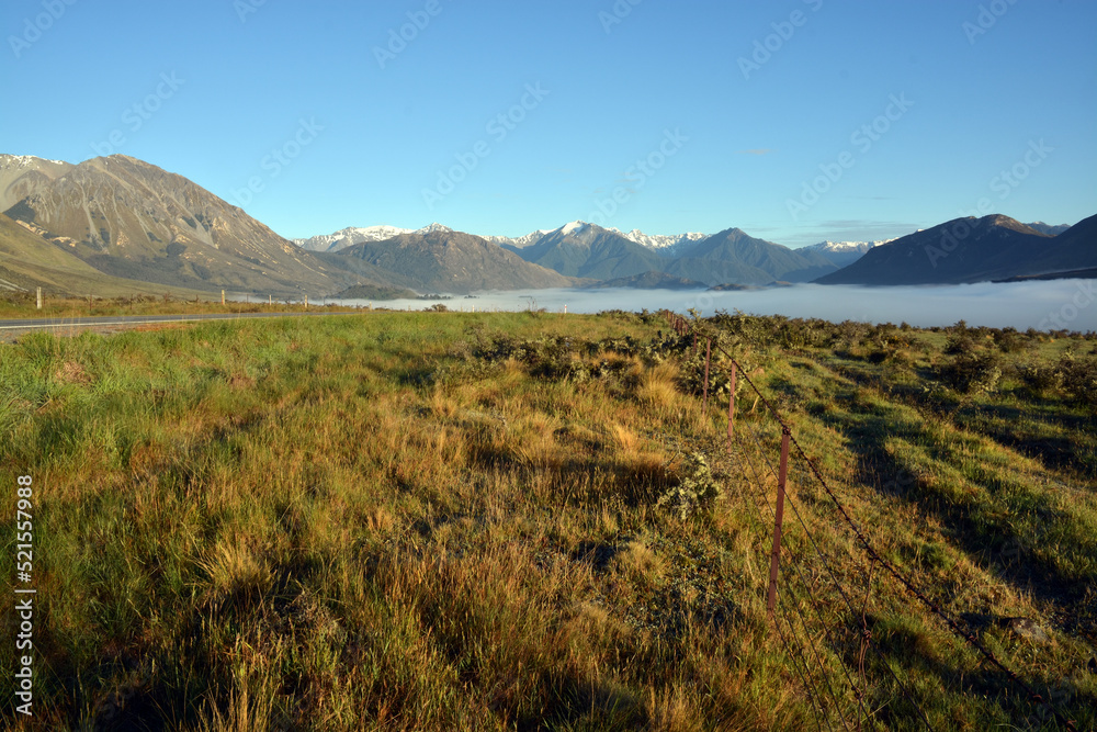 Craigieburn Valley in Early Morning with Mist, New Zealand Craigieburn Valley in Early Morning with Mist, New Zealand