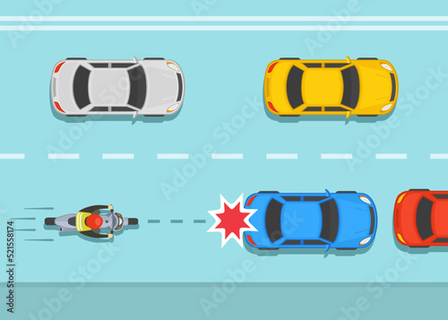 Safe motorcycle riding rules and tips. Rear end crash in traffic jam. Motorcycle collision with standing car. Top view. Flat vector illustration template.