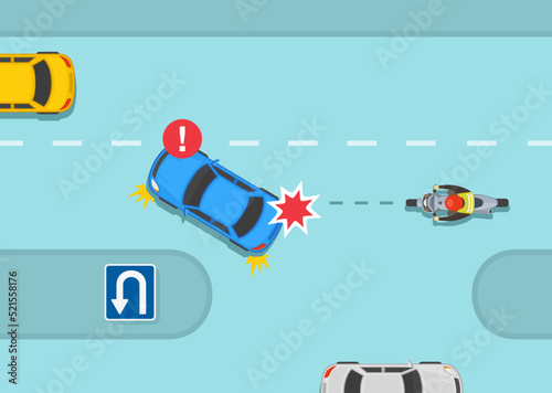 Safe motorcycle riding rules and tips. Left turn accident when there is a median. Car u-turn collision with motorcycle. Top view. Flat vector illustration template.