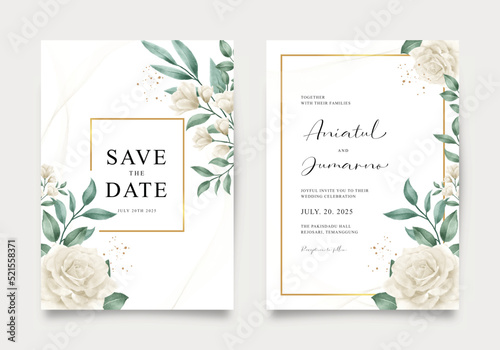 Elegant wedding invitation with gold frame and watercolor floral