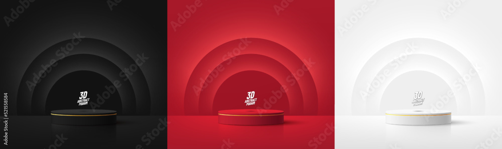 Set of realistic 3d background with cylinder podium. Black, red, white glowing light semi circles layers scene. Abstract minimal scene mockup products display, Stage showcase. Vector geometric forms. - obrazy, fototapety, plakaty 