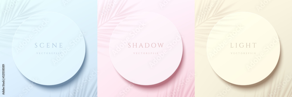 Set of blue, pink, yellow beige circles board background with palm leaf shadow overlay. Top view round frames design. Abstract minimal scene for products display or space for your text.