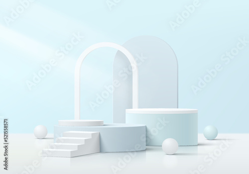 Realistic 3D blue and white cylinder pedestal podium set with stair, balls and arch shape background. Abstract minimal scene for products showcase, Promotion display. Vector geometric form design.