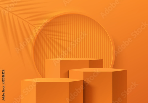 Realistic orange 3D hexagon stand or podium set with vertical pattern in circle frame background. Abstract minimal scene for products stage showcase, Summer promotion display. Vector geometric forms.