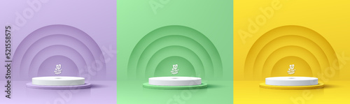 Set of realistic 3d background with white cylinder podium. Yellow, green, purple lavender layers circles scene. Abstract minimal scene mockup products display, Stage showcase. Vector geometric forms.