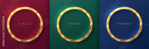 Set of golden 3D round frame on dark blue, red, green luxury background. Abstract circle podium for product display or copy space. Collection of geometric background. Top view elegant scene design.