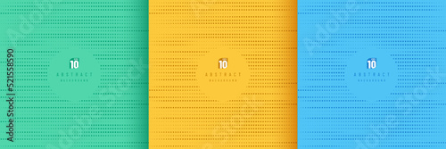 Set of abstract pattern random dots halftone on yellow, green, and dark blue background. Simple flat design with copy space. Minimal and modern vector banner design. Use for cover, poster, template.
