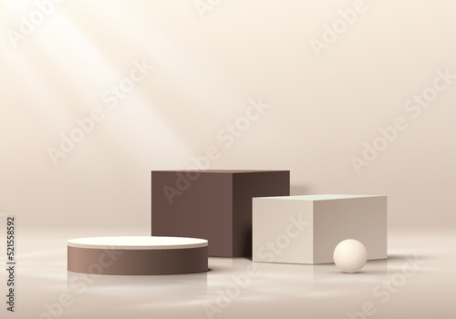 Realistic cream cube and brown cylinder pedestal podium set in abstract 3D background. Minimal wall scene for mockup products stage for showcase, Promotion display. Vector geometric forms design.