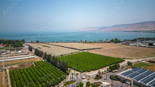 sea of Galilee panorama take from a drone during the hot days of summer vacation- Israel