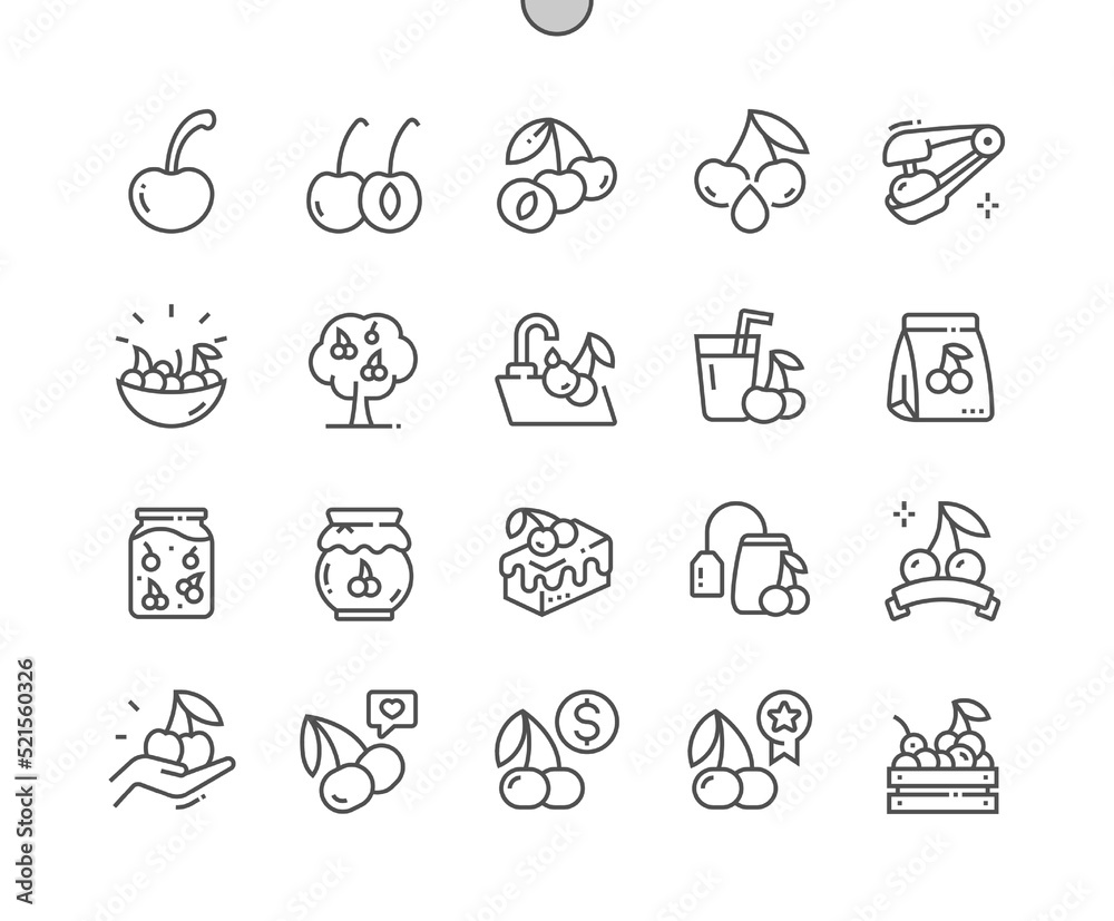 Cherry. Two sweet berries. Jam, smoothie, cherry cake. Healthy nutrition. Food shop, supermarket. Pixel Perfect Vector Thin Line Icons. Simple Minimal Pictogram Cherry. Two sweet berries. Jam, smoothie, cherry cake. Healthy nutrition. Food shop, supermarket. Pixel Perfect Vector Thin Line Icons. Simple Minimal Pictogram