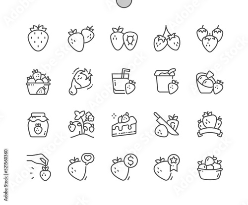 Strawberry. Cake, yogurt, smoothie with strawberry. Healthy nutrition. Food shop, supermarket. Pixel Perfect Vector Thin Line Icons. Simple Minimal Pictogram