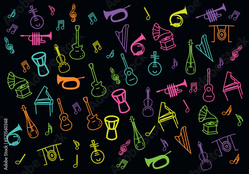 music instrument doodle background .music pattern neon concept