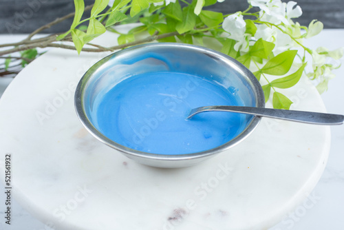 A view of a bowl of spirulina yogurt.