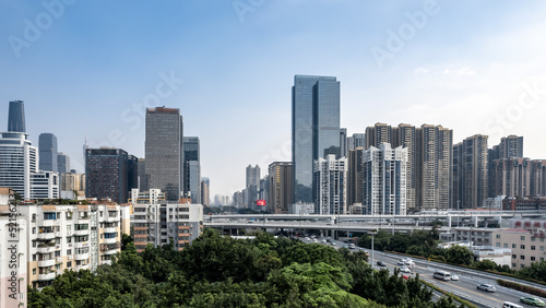 Aerial photography of urban roads on both sides of the Pearl River in Guangzhou, China