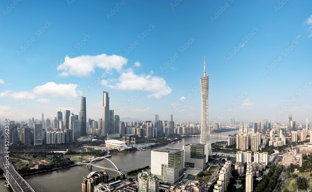 Aerial photography of urban buildings skylines on both sides of the Pearl River in Guangzhou, China
