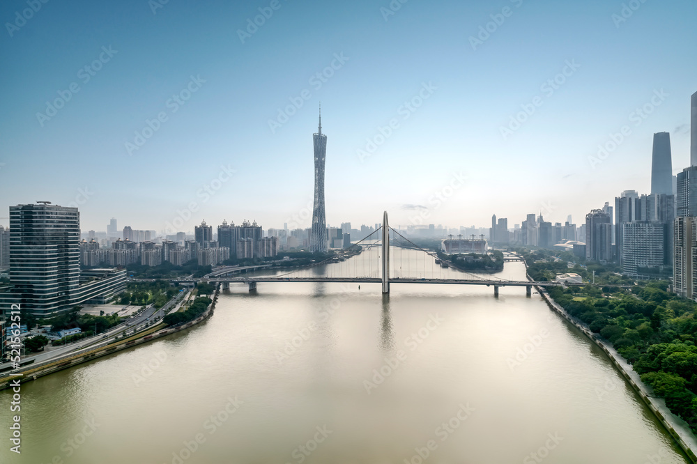 Aerial photography of urban buildings skylines on both sides of the Pearl River in Guangzhou, China
