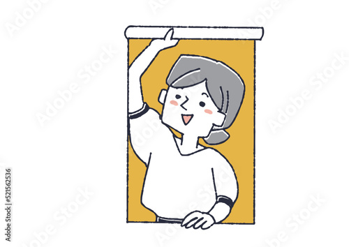 窓を開けて横を見る女性　視線誘導に使える窓から関心を持って眺める人物