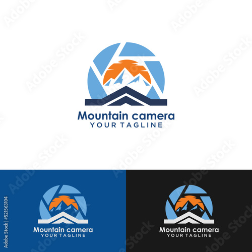 Landscape photographer logo mountain river with sunset camera outline symbol simple mnimalist photography film studio design vector