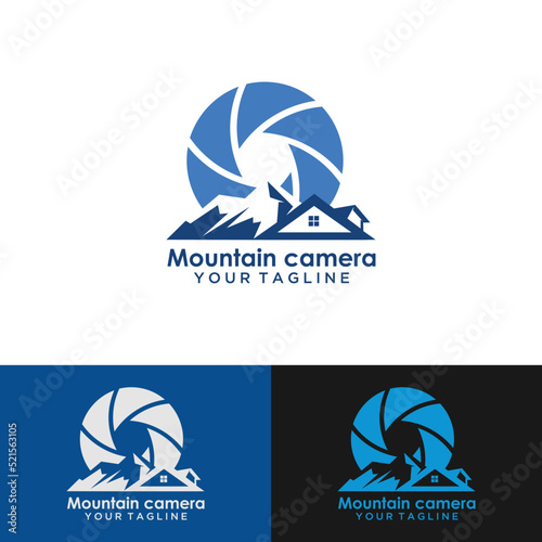 Landscape photographer logo mountain river with sunset camera outline symbol simple mnimalist photography film studio design vector