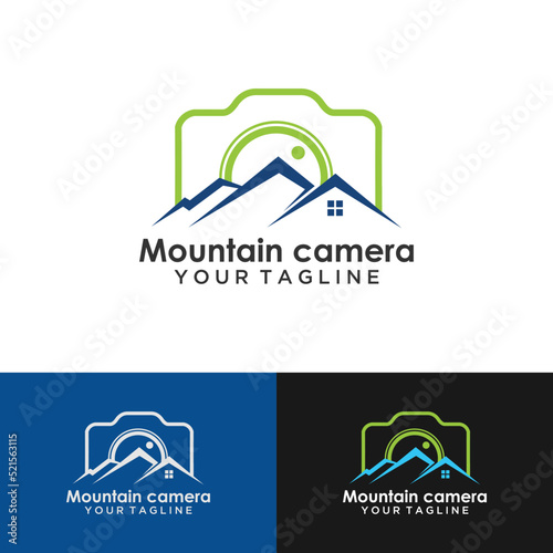 Landscape photographer logo mountain river with sunset camera outline symbol simple mnimalist photography film studio design vector